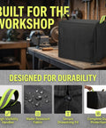 Badass Heavy Duty Bench Grinder Cover Waterproof 600D Polyurethane Dust Protector for 6 to 8 inch workbench motors displayed in workshop.