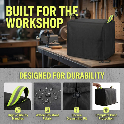 Badass Heavy Duty Bench Grinder Cover Waterproof 600D Polyurethane Dust Protector for 6 to 8 inch workbench motors displayed in workshop.