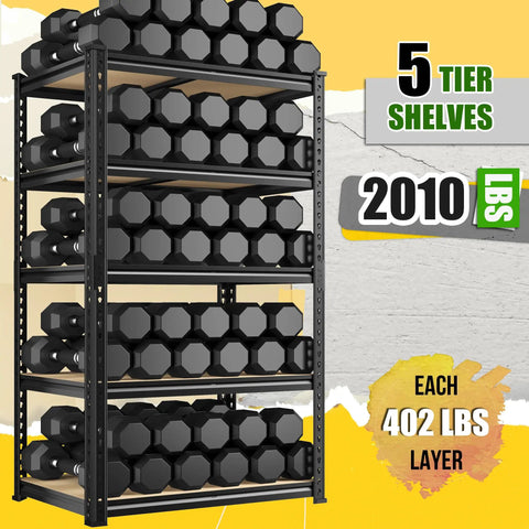 Two Pack Heavy Duty Garage Shelves Adjustable And Wobble Free Storage Racks For Garage Organization Durable Steel Shelving Units That Fit Tight Corners And Open Floor Space, 5-tier rack with 402 lb per layer