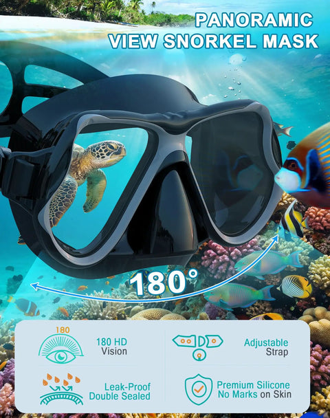 All In One Dry Snorkel Set With Panoramic Wide View Mask, Anti Fog Scuba Diving Gear For Adults And Kids, Leakproof Dry Top Snorkel