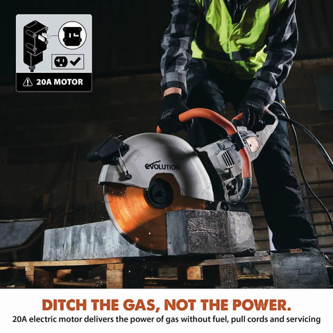 Person using R14DCT 14 Inch Electric Concrete Saw With High Torque 20 Amp Motor on concrete block indoors