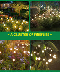 Solar Firefly 4 Pack Lights With 10 LEDs Each illuminating a pathway at night, creating a warm white glow, easy install in garden.