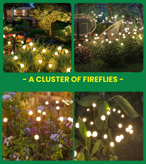 Solar Firefly 4 Pack Lights With 10 LEDs Each illuminating a pathway at night, creating a warm white glow, easy install in garden.