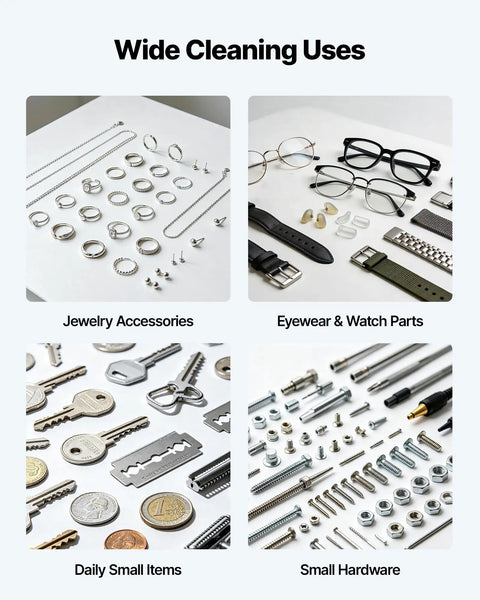 Wide cleaning uses featuring jewelry accessories, eyewear, daily small items, and small hardware for Heavy Duty Ultrasonic Cleaner.