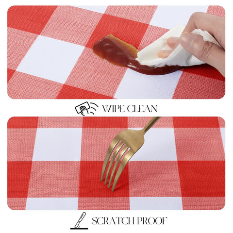 Rectangle Vinyl Tablecloth Waterproof Buffalo Gingham Red For Outdoor Picnics And Camping Heavy Duty Wipeable Table Cover 54 X 78 Inches showing stain-resistant feature and scratch proof with fork.