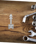 Built Like A Tank Stainless Steel Sliding Door Hanger With Double Bearing Track Rollers on wooden surface with tools.