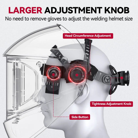 Side view of a clear adjustment mechanism on Auto Darkening Welding Helmet With 180 Degree Panoramic View And Side View True Color.