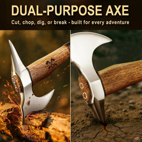 15 Inch Survival Axe For Camping And Bushcraft With Forged High Carbon Steel Blade splitting wood and digging into the ground