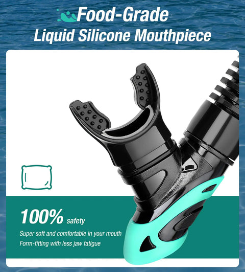 Dry Snorkel System With Top Dry Valve And Food Grade Mouthpiece For Easy Breathing Snorkeling Mask Attachment, close-up view.