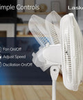 Side view of 16 Inch Oscillating Pedestal Fan With Wide Area Breeze For Whole Room Adjustable Height And Tilt Head Easy Grip Rotary Control.