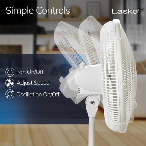 Side view of 16 Inch Oscillating Pedestal Fan With Wide Area Breeze For Whole Room Adjustable Height And Tilt Head Easy Grip Rotary Control.