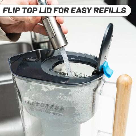 Person refilling No Fuss 10 Cup Gravity Water Filter Pitcher For Refrigerator With 150 Gallon Filter Easy Pour Refill