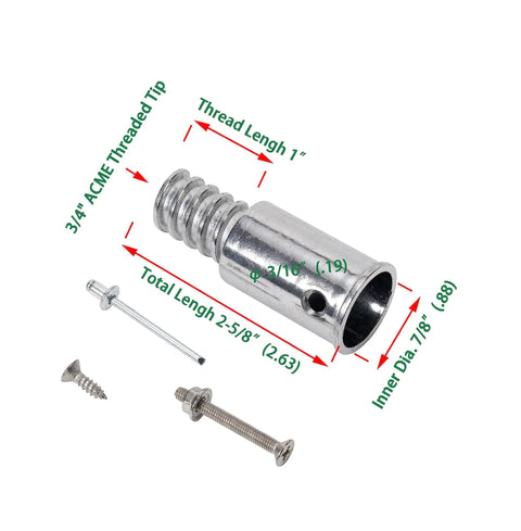 Heavy Duty Metal Replacement Tips Kit For Telescopic Extension Poles With Three Quarters Inch Threaded Tips, Easy Install No Fuss Repairs, Fits Most Poles With Three Quarters Inch Diameter, Compatible With Extend-A-Reach DocaPole Poles. Silver metal threaded pole tip kit with screw and pin, 3/4 inch size