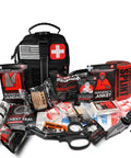 Front view of black tactical IFAK survival first aid kit with US flag and red cross patches and medical supplies
