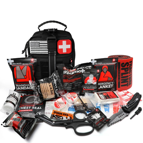 Front view of black tactical IFAK survival first aid kit with US flag and red cross patches and medical supplies