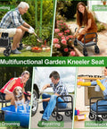 Multifunctional Garden Kneeler Seat shown in use for planting, gardening, pet grooming, repairing, housework with 360-degree wheels