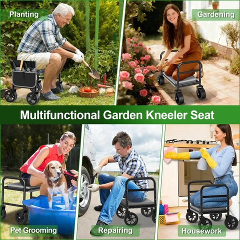 Multifunctional Garden Kneeler Seat shown in use for planting, gardening, pet grooming, repairing, housework with 360-degree wheels