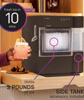 Countertop Nugget Ice Maker With 38 Lbs Daily Capacity And One Gallon Tank, showcasing 3 lbs ice, sleek design, and side tank.
