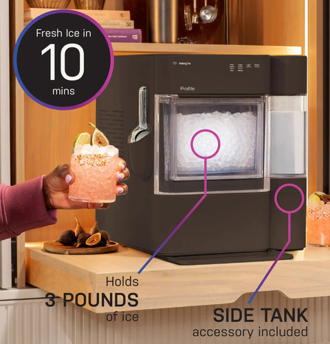 Countertop Nugget Ice Maker With 38 Lbs Daily Capacity And One Gallon Tank, showcasing 3 lbs ice, sleek design, and side tank.