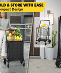 Woman pushing Beast Mode Folding Shopping Cart With Four And A Half Cu Ft Capacity 420 Lb Hauling Power 360 Degree Braked Swivel Wheels