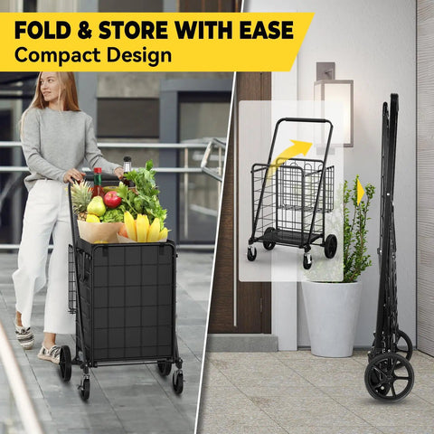 Woman pushing Beast Mode Folding Shopping Cart With Four And A Half Cu Ft Capacity 420 Lb Hauling Power 360 Degree Braked Swivel Wheels