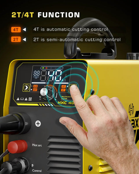 HXC400D Plasma Cutter 110/220V Dual Voltage 40A Non High Frequency Non Touch Pilot Arc With a Big LED Display control panel in use