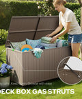 Woman organizing Outdoor Storage Box With Wheels 150 Gallon Wheeled Deck Box For Patio, Waterproof And UV Resistant