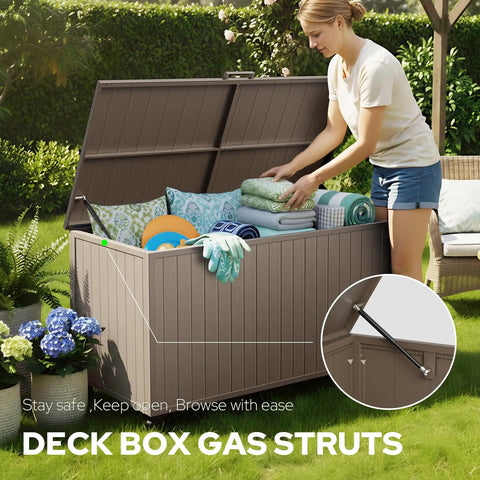 Woman organizing Outdoor Storage Box With Wheels 150 Gallon Wheeled Deck Box For Patio, Waterproof And UV Resistant