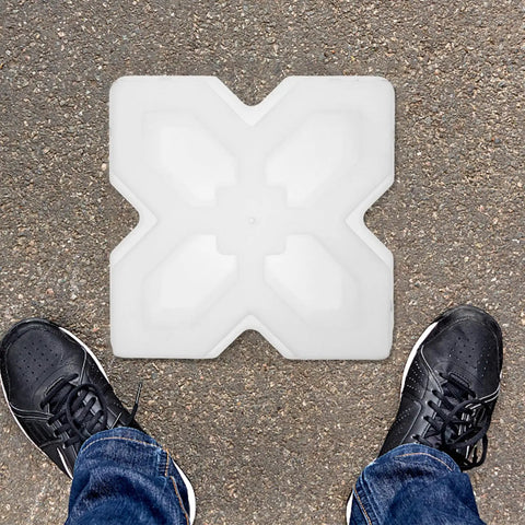 Concrete Paver Molds And Stepping Stone Set For Patio Pathway DIY Garden Decor placed on ground, showing white plastic mold pattern