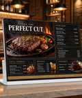 Built Tough Commercial Menu Board With Split Screen Display And Scratch Resistant Glass For Diners Retail Shops And Drive Thrus Featuring A Multicolor Setup That Handles Heavy Traffic And Keeps Your Service Flowin Fast showing a steak menu.