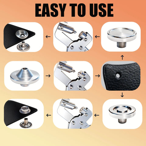 Pro Grade Heavy Duty Snap Fastener Tool Set With 15mm Snap Tool 80 Sets Boat Cover Snaps For Fabric Canvas Leather Tarps And Sewing Includes Punch Pliers And Setting Tools In Clear Storage Box, showing installation process.