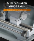 Dual V-shaped guide rails on Benchtop Mini Metal Lathe With Nine By Twenty Four Inch Capacity 1100 Watt Brushless Motor for precise operations.