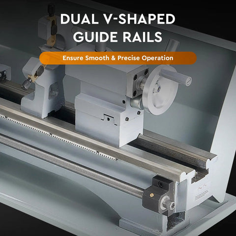 Dual V-shaped guide rails on Benchtop Mini Metal Lathe With Nine By Twenty Four Inch Capacity 1100 Watt Brushless Motor for precise operations.