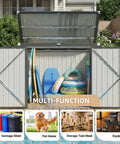 Open heavy duty outdoor trash can storage shed with chain lid, waterproof metal organizer for bins and toys, backyard use