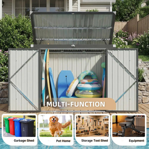 Open heavy duty outdoor trash can storage shed with chain lid, waterproof metal organizer for bins and toys, backyard use