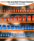 64-Piece Nut And Bolt Thread Checker Kit with standard and metric gauges, detachable bolt size finder, color-coded orange and blue.
