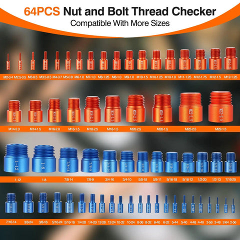 64-Piece Nut And Bolt Thread Checker Kit with standard and metric gauges, detachable bolt size finder, color-coded orange and blue.