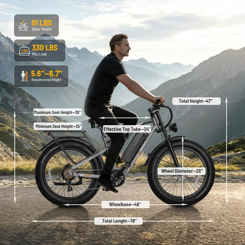 Man riding Powerful 2500W Peak Electric Fat Tire Bike for Adults with 52V 20Ah Battery, dual suspension in mountain range