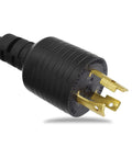 Close-up of Beefed Up Heavy Duty L6-20P To L6-20R Generator Locking Extension Cord end showing prongs.