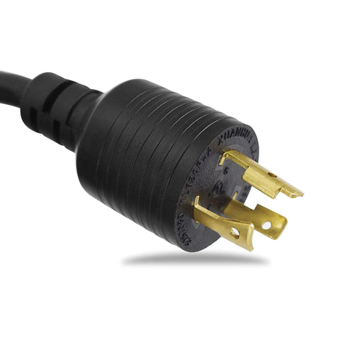 Close-up of Beefed Up Heavy Duty L6-20P To L6-20R Generator Locking Extension Cord end showing prongs.