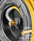 Retractable Air Hose Reel With Fifty-Foot Hybrid Polymer Hose, Heavy-Duty Steel Frame, close-up of brass fittings