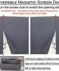 Reversible Magnetic Screen Door with instructions for switching sides, showing plush edging and folded curtain for right or left opening.