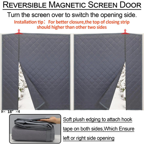 Reversible Magnetic Screen Door with instructions for switching sides, showing plush edging and folded curtain for right or left opening.