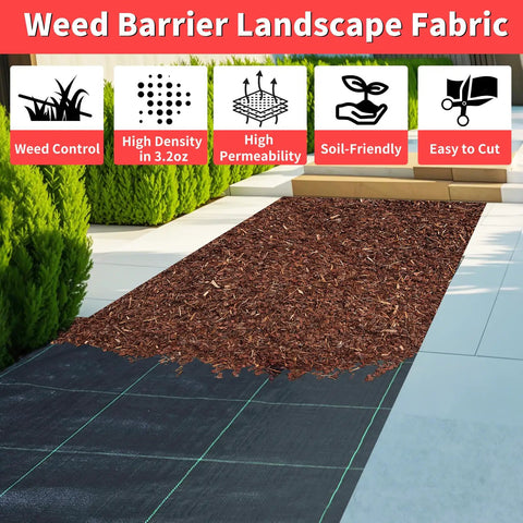 Heavy Duty Weed Barrier Landscape Fabric 3Ft By 300Ft With Visual Planting Grid for garden bed setup, installed view.