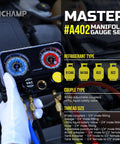 Close-up of All In One HVAC Manifold Gauge Set With Hose Kit For Auto AC Systems Pro Grade Compatible With R134A R22 R32 R410A Freon