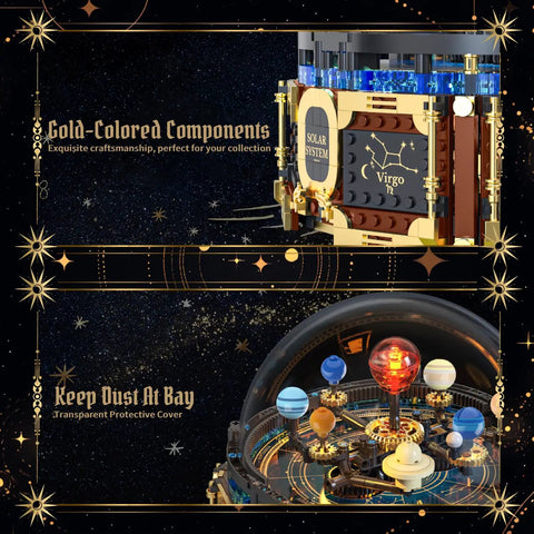 Totally Kid Friendly Solar System Building Kit For Ages 8 To 12 With 967 Pieces STEM Project Gear Driven Orrery Glowing Sun Rotating Planets 360 Clear Dome Music Box Transparent Dome Desk Decor For Boys And Girls, gold brick model