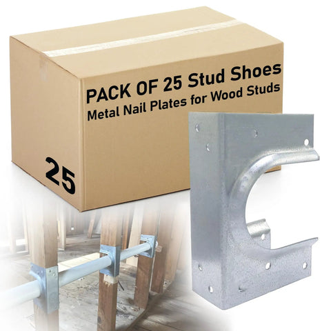 Pack Of 25 Metal Stud Shoes For One Wood Stud With Beefy Reinforced Rib For Durability And Extra Support shown with packaging