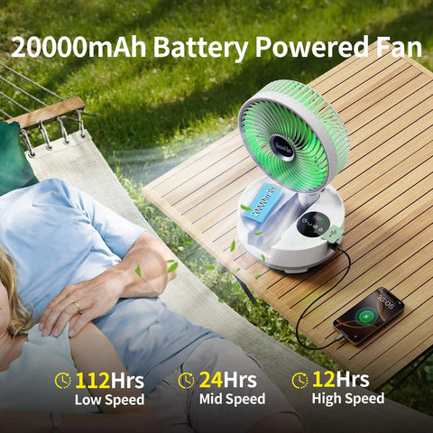 20000mAh Portable Fan With Battery on wooden table beside person relaxing in hammock outdoors