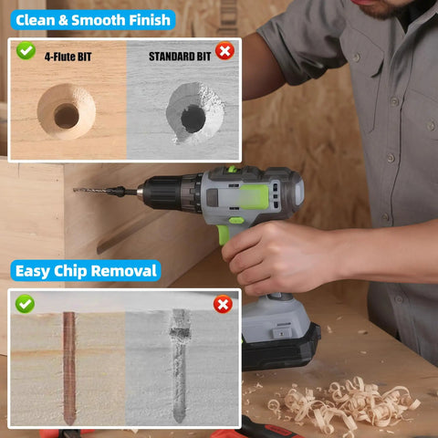 Manual drilling with a 13 Piece Countersink Drill Bit Set With One Quarter Inch Hex Shank And Magnetic Extension Bit Holder For Woodworking.