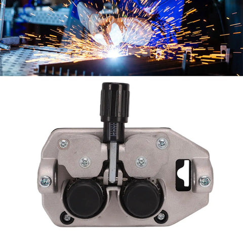 Close-up of Four Roller MIG Wire Feeder Motor With Adjustable Speed 2-15 m/min, DC 24V 40W, dual feed mechanism visible.